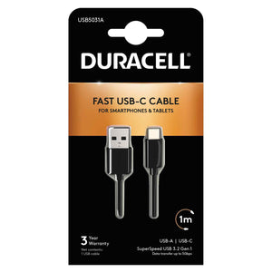 Duracell USB-A to USB-C Cable 1m Charge & Data Sync USB 3.2 Gen 1 5Gbps USB5031A